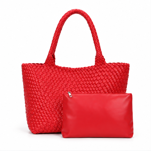 Red Woven Tote Bag With Pouch-4
