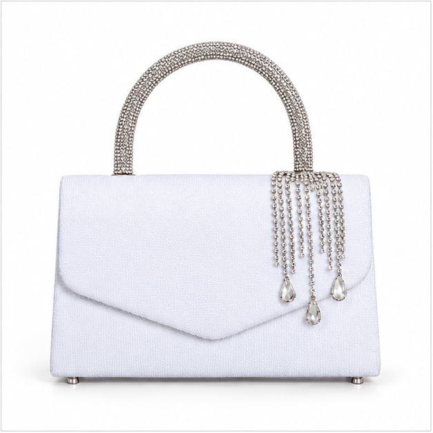 White Crystal Tassel Evening Clutch Handbag-4