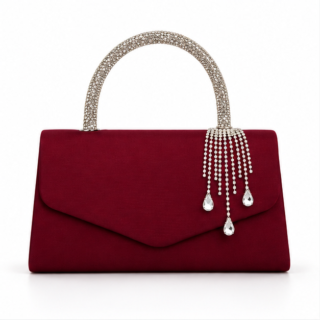 Burgundy Crystal Handle Evening Clutch Handbag-4