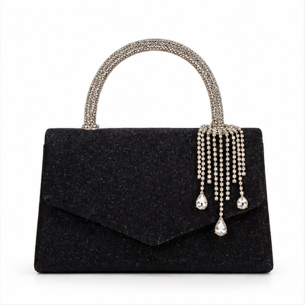Black Crystal Handle Glitter Evening Handbag-4