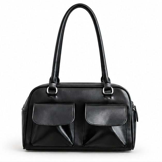 Black Double Pocket Structured Shoulder Handbag-2