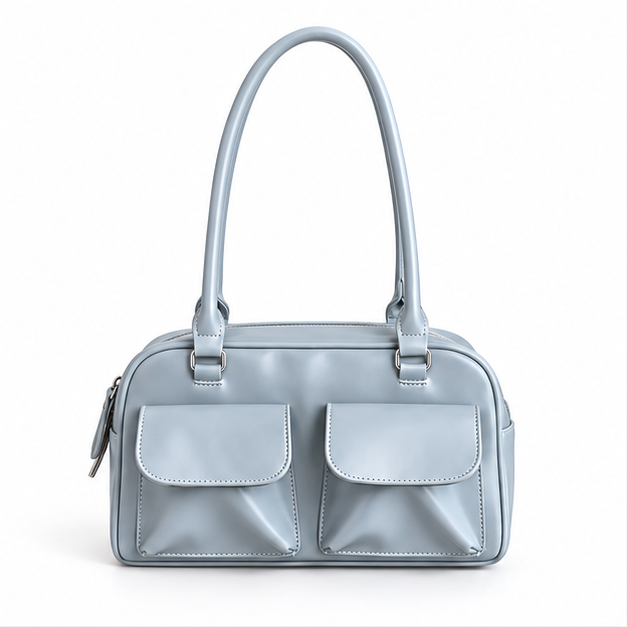 Powder Blue Double Pocket Shoulder Handbag-4