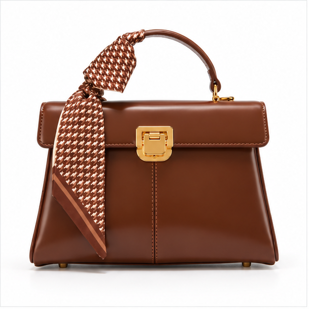 Elegant Brown Scarf Accent Structured Handbag-3