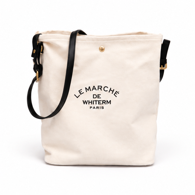 Ivory Canvas Shoulder Tote With black Strap-4