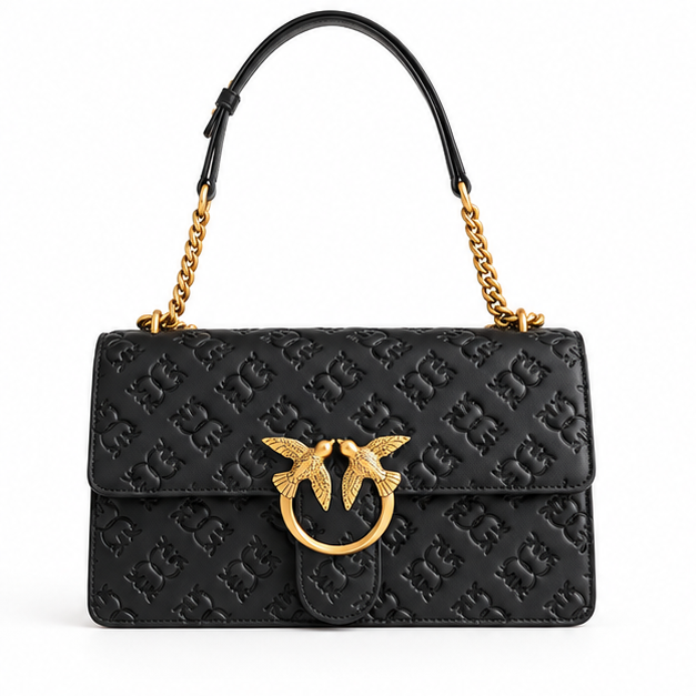 Black Embossed Gold Clasp Shoulder Bag-4