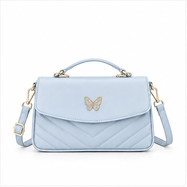 Light Ice Blue Butterfly Quilted Handbag-4
