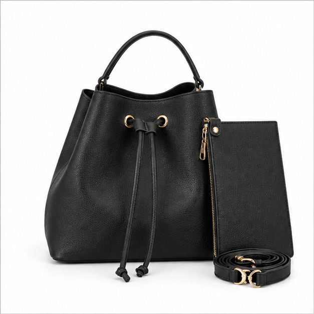 Black Drawstring Bucket Handbag With Pouch-4
