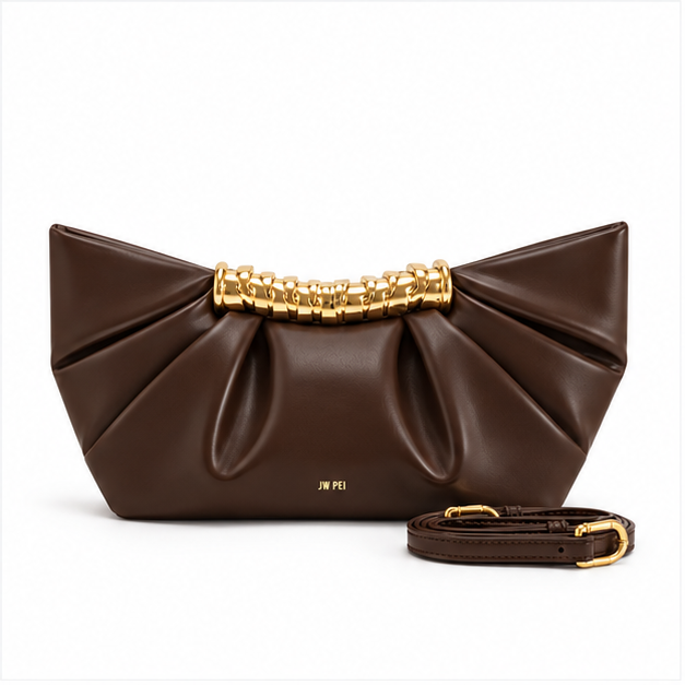 Chocolate Pleated Gold Handle Shoulder Bag-4