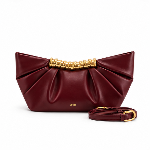 Burgundy Pleated Gold Handle Evening Bag-4