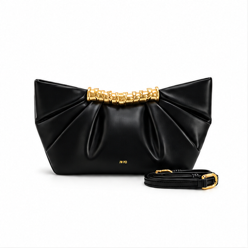 Black Pleated Gold Accent Clutch Bag-4