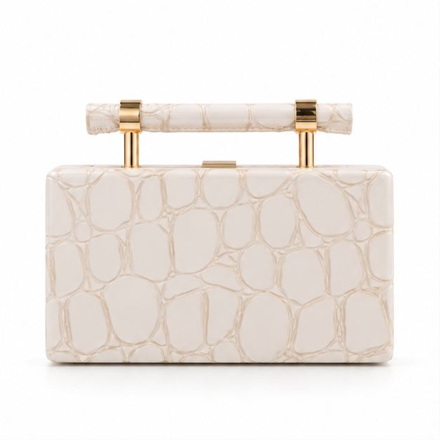 Ivory Croc Embossed Structured Clutch Bag-4