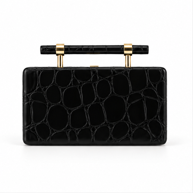 Black Crocodile Texture Structured Clutch Bag-4