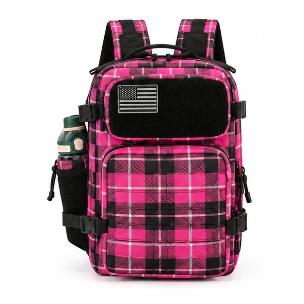 Pink Plaid Tactical Backpack with Pockets-4