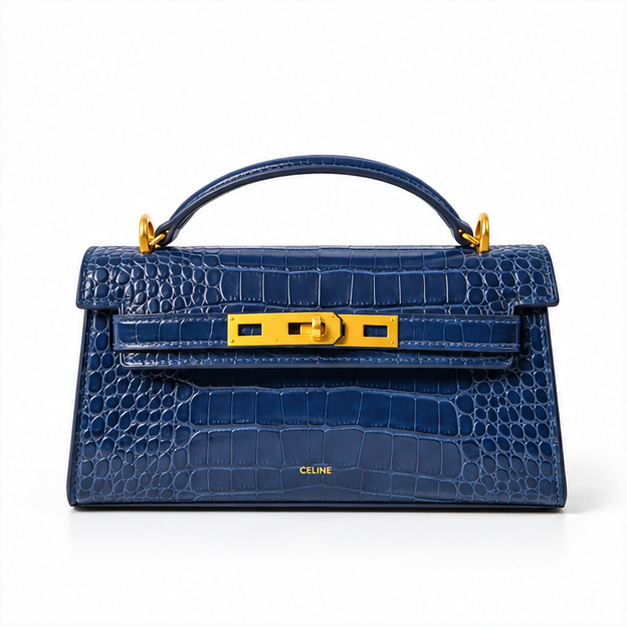 Navy Croc Embossed Structured Handle Handbag-4