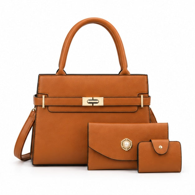 Tan Leather Handbag Three-Piece Set-4