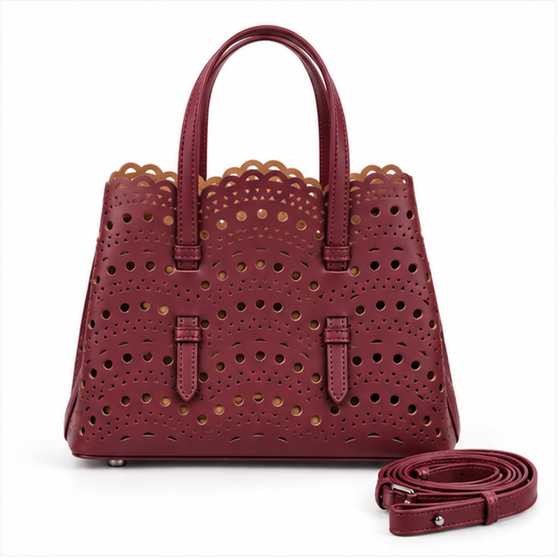 Burgundy Laser Cut Structured Tote Handbag-4