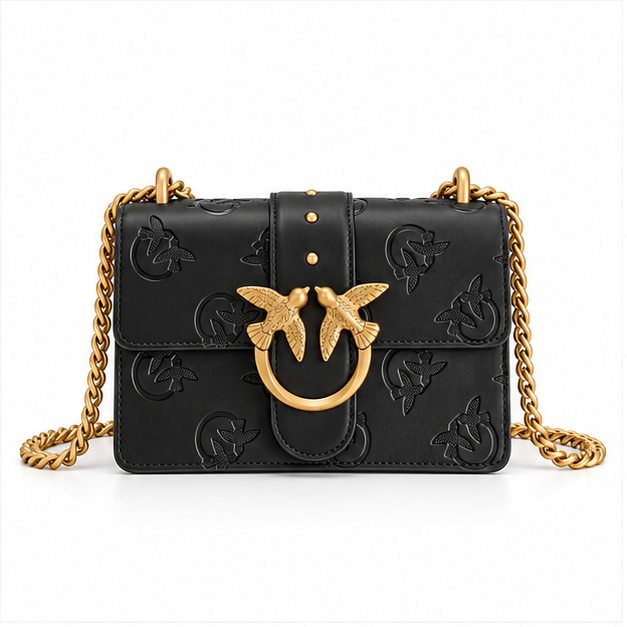 Elegant Black Embossed Bird Chain Handbag-4