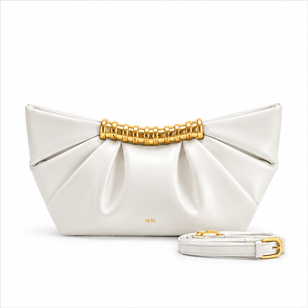 White Pleated Gold Accent Clutch Bag-4
