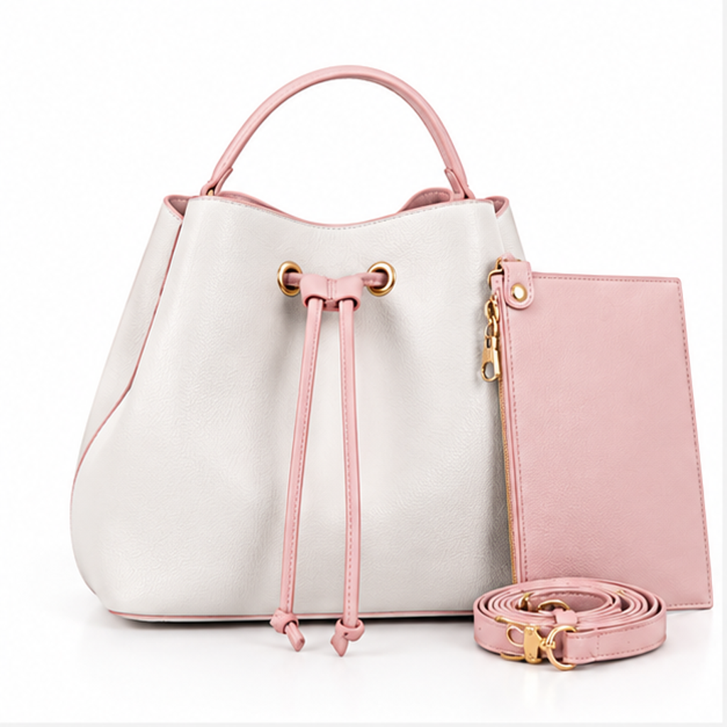 White Pink Drawstring Bucket Handbag Set-4