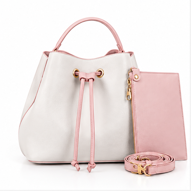 White Pink Drawstring Bucket Handbag Set-4