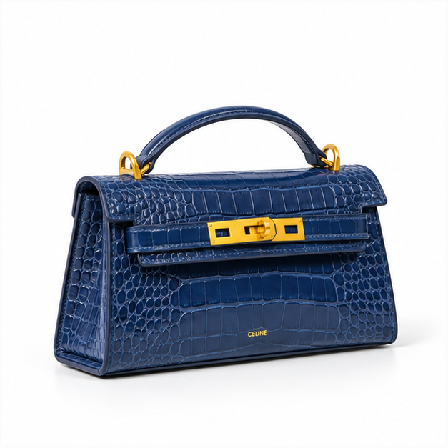 Navy Croc Embossed Structured Handle Handbag-1