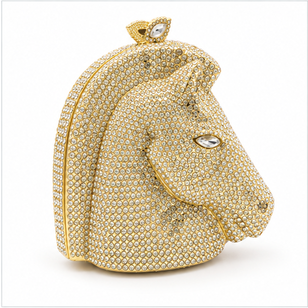 Golden Crystal Horse Head Evening Clutch-3