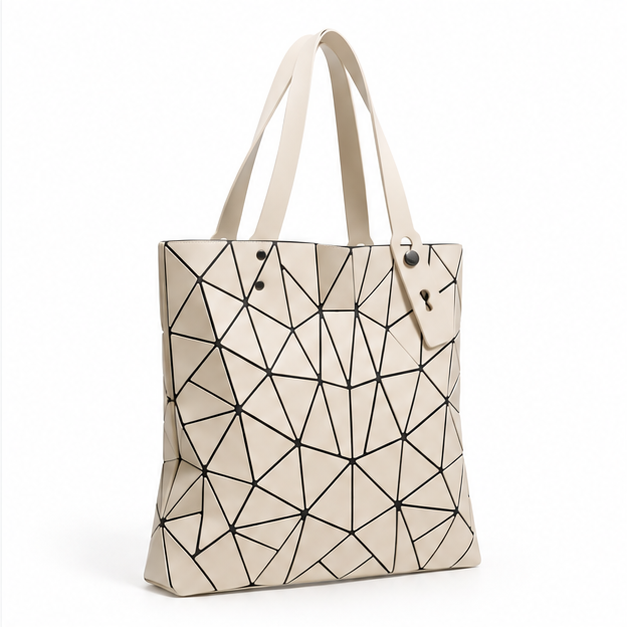 Khaki Geometric Mosaic Pattern Shoulder Tote-1