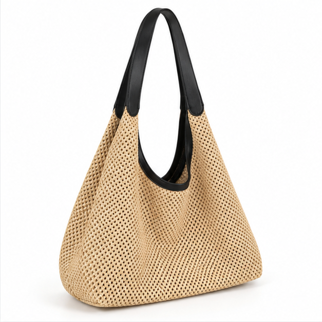 Black Woven Hobo Shoulder Tote Bag-1