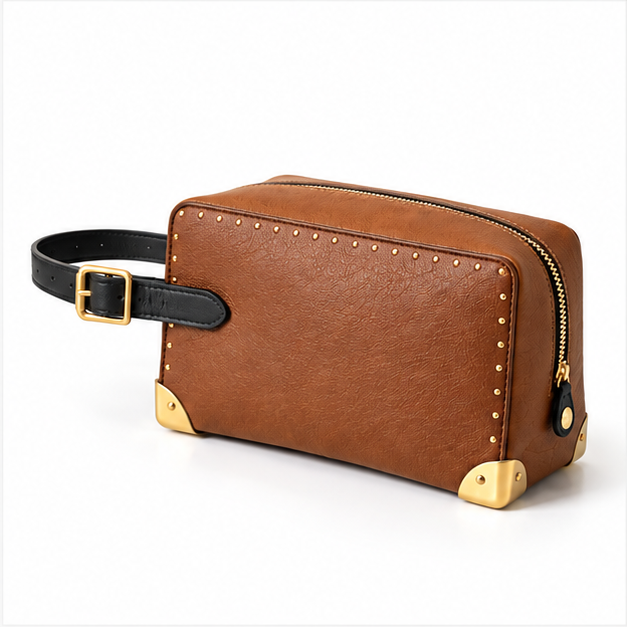 Cognac Studded Leather Wristlet Crossbody Bag-3