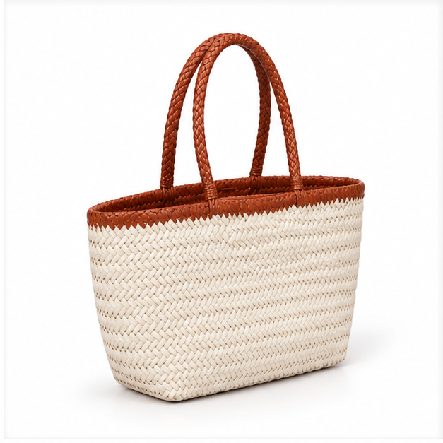Ivory Woven Tote With Brown Handles-1