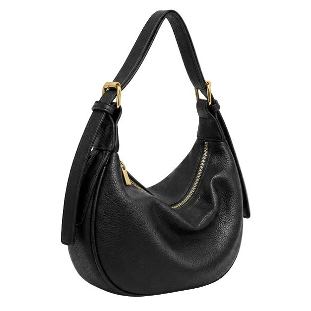 Black Pebbled Leather Crescent Shoulder Bag