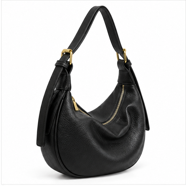 Black Pebbled Leather Crescent Shoulder Bag-1