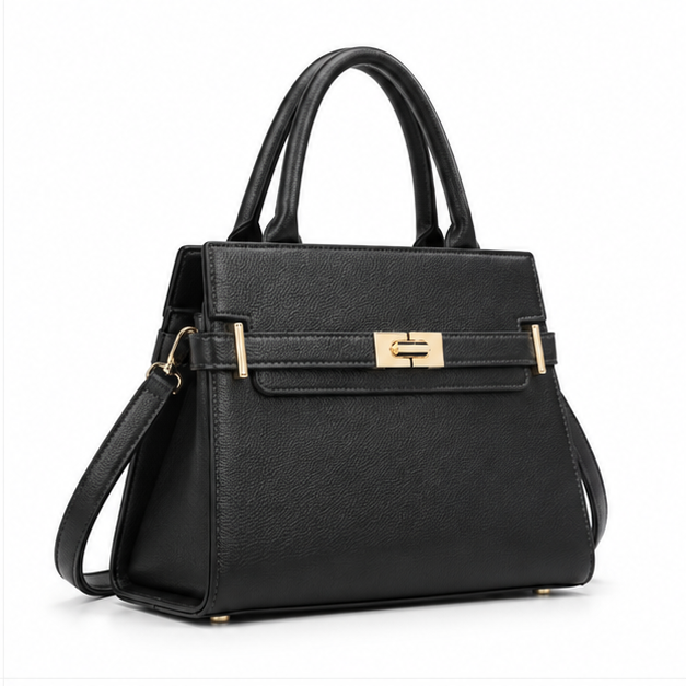 Black Structured Gold Lock Handbag Tote-1