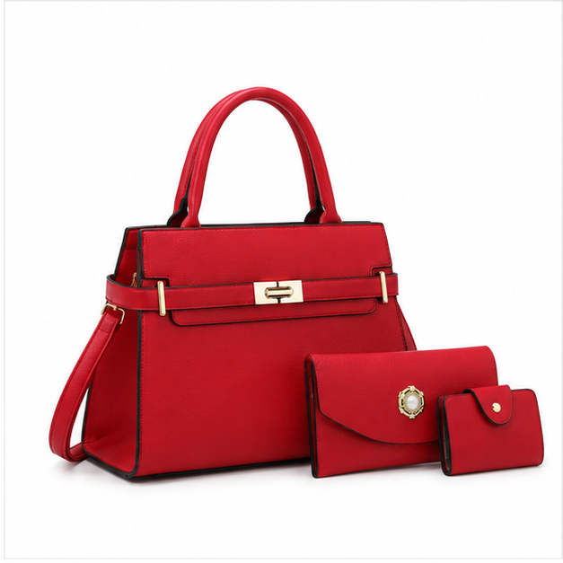 Red Structured Handbag With Matching Accessories-1