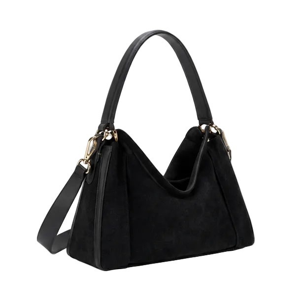 Black Suede Shoulder Bag With Strap