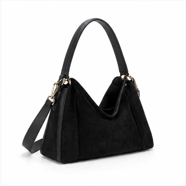 Black Suede Shoulder Bag With Strap-1