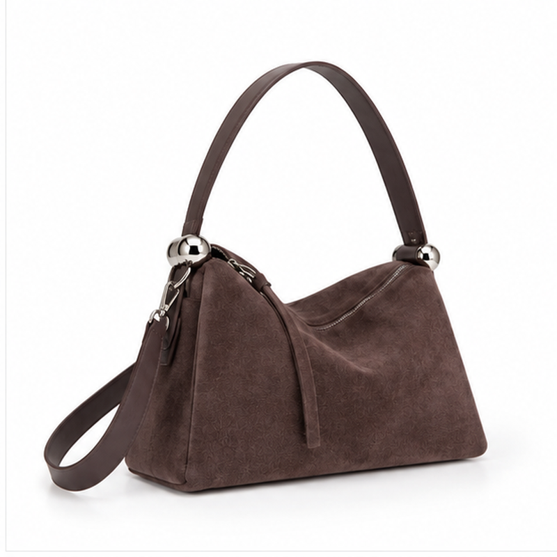 Chocolate Brown Suede Shoulder Handbag-1
