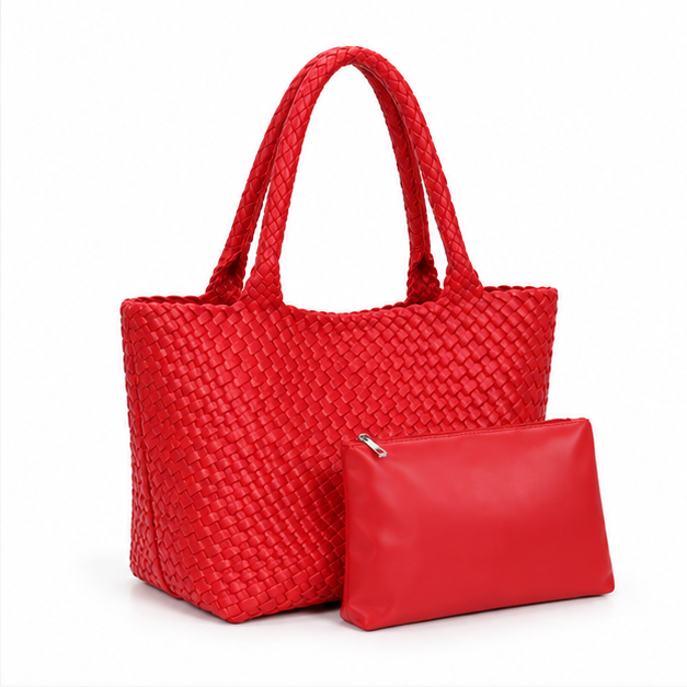 Red Woven Tote Bag With Pouch-1