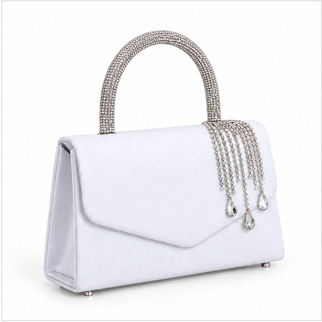 White Crystal Tassel Evening Clutch Handbag-1
