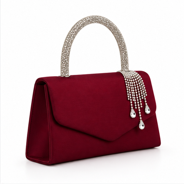 Burgundy Crystal Handle Evening Clutch Handbag-1