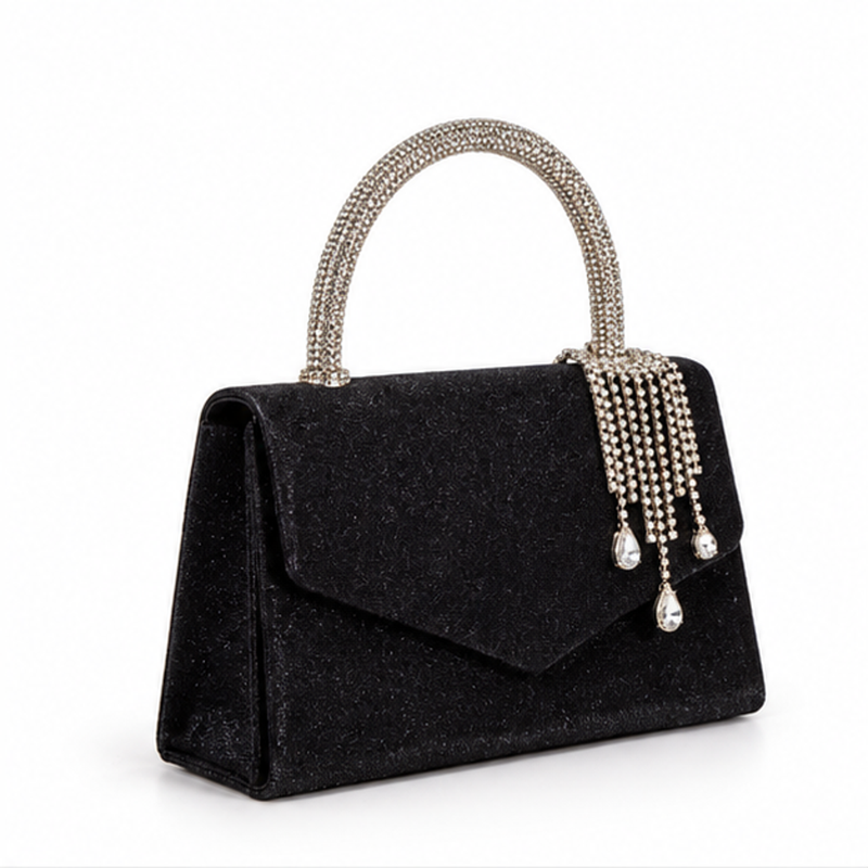 Black Crystal Handle Glitter Evening Handbag-1