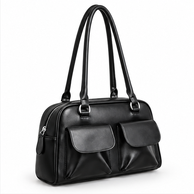 Black Double Pocket Structured Shoulder Handbag-1