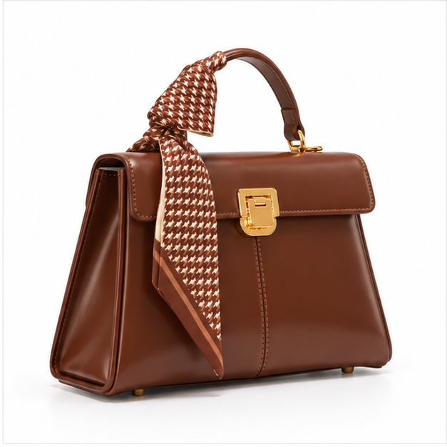 Elegant Brown Scarf Accent Structured Handbag-1