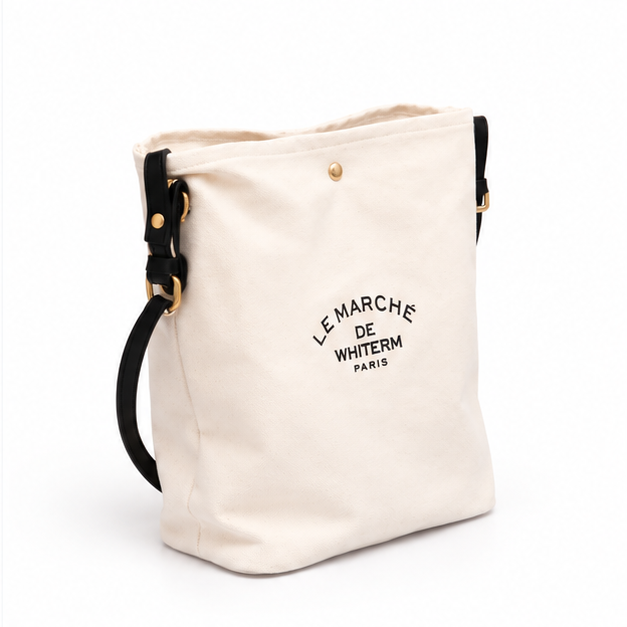 Ivory Canvas Shoulder Tote With black Strap-1