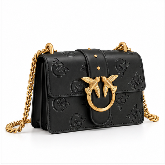 Elegant Black Embossed Bird Chain Handbag-1