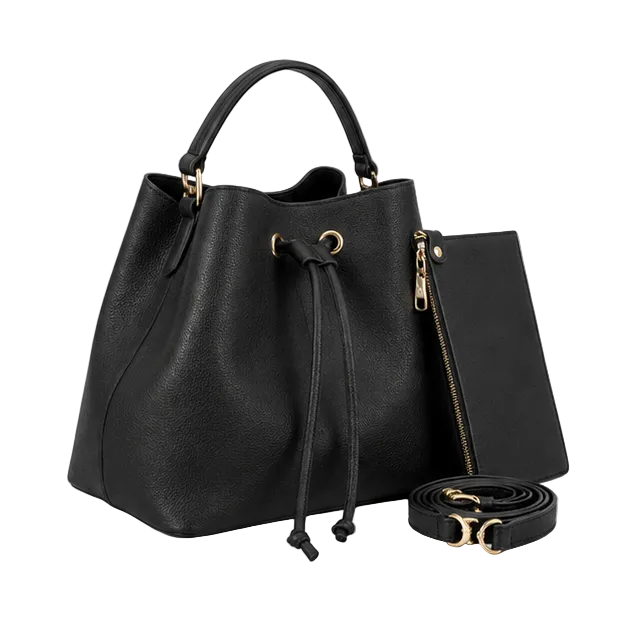 Black Drawstring Bucket Handbag With Pouch
