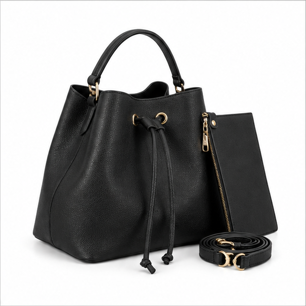 Black Drawstring Bucket Handbag With Pouch-1