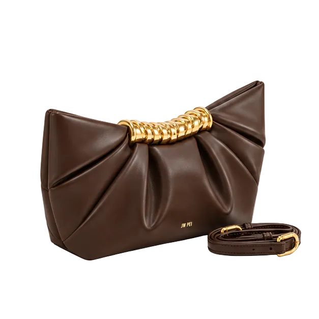 Chocolate Pleated Gold Handle Evening Bag
