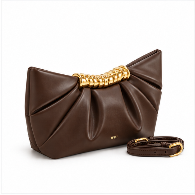 Chocolate Pleated Gold Handle Shoulder Bag-1