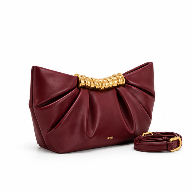 Burgundy Pleated Gold Handle Evening Bag-1